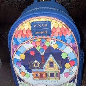 Loungefly Pixar Up House Mini Backpack in Blue with Multicolor Balloon Print